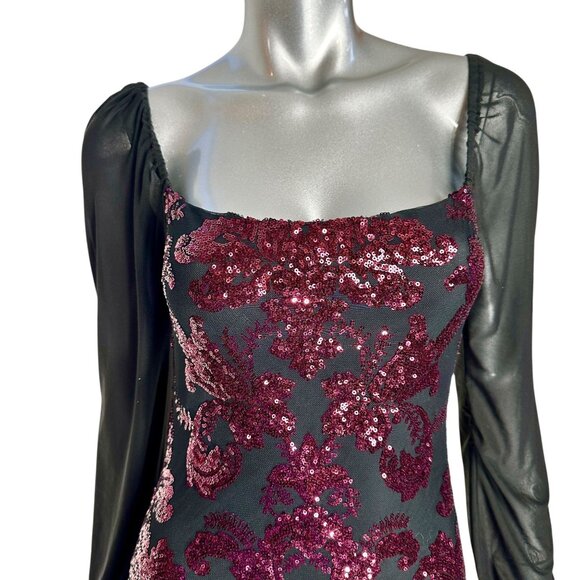 Jump Apparel Black Burgundy Damask Sequin Bodycon Mini Dress - Picture 8 of 11